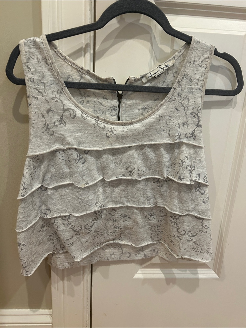 American Rag Cream Layered Ruffle Tank with Gray Floral Print